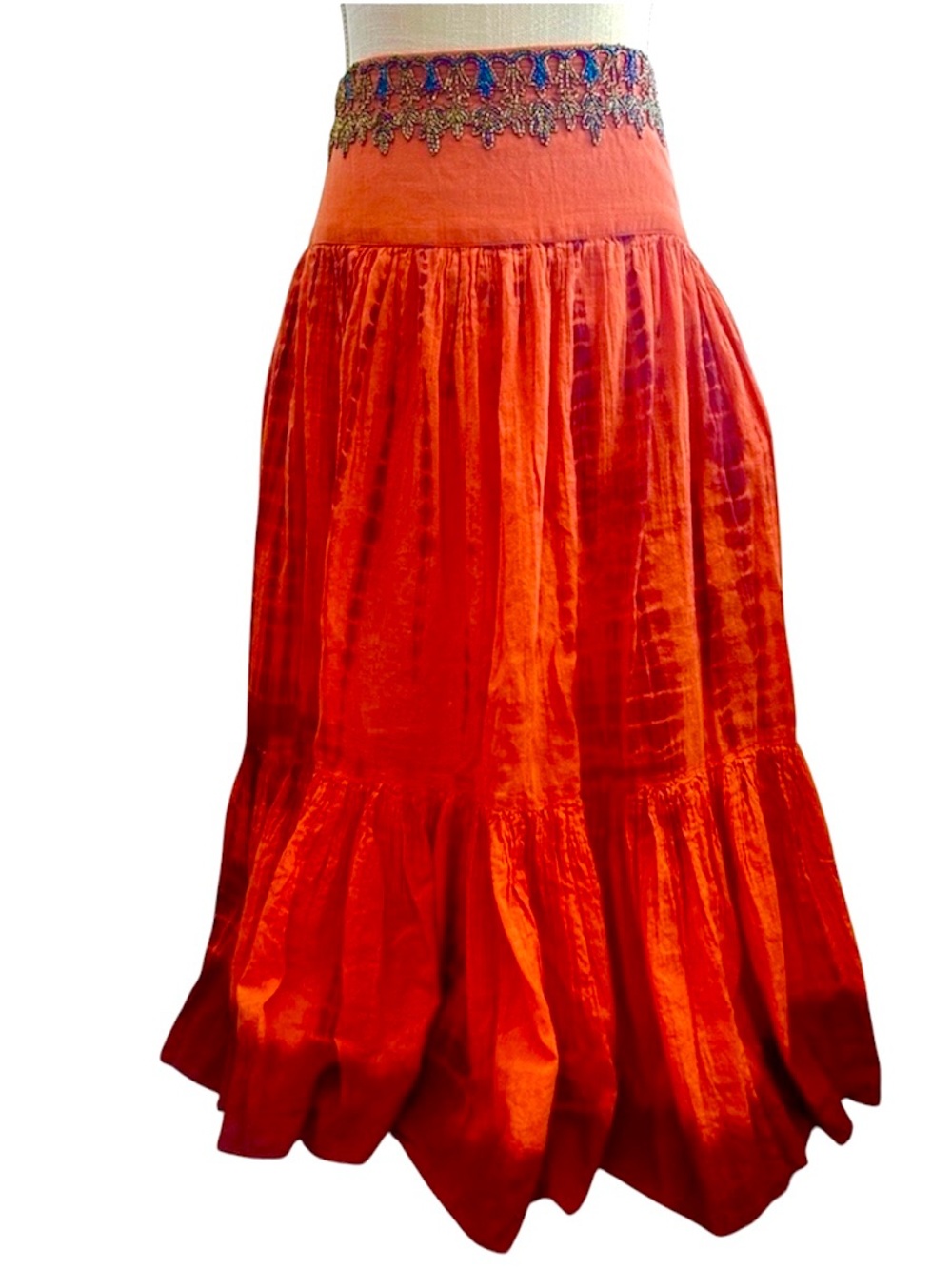 Elaborately beaded Vibrant Orange & Burgundy tie-dye Maxi Skirt